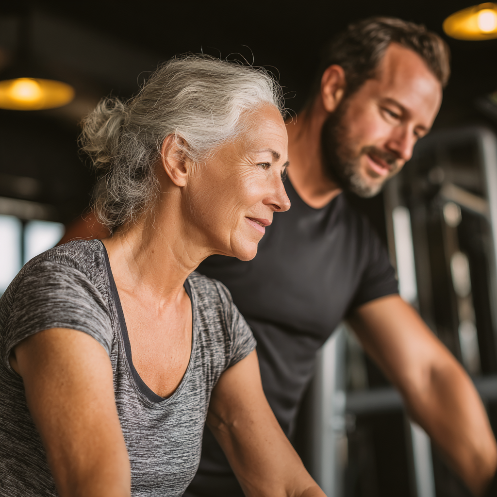 experienced fitness coach working with mature adults in comfortable gym environment