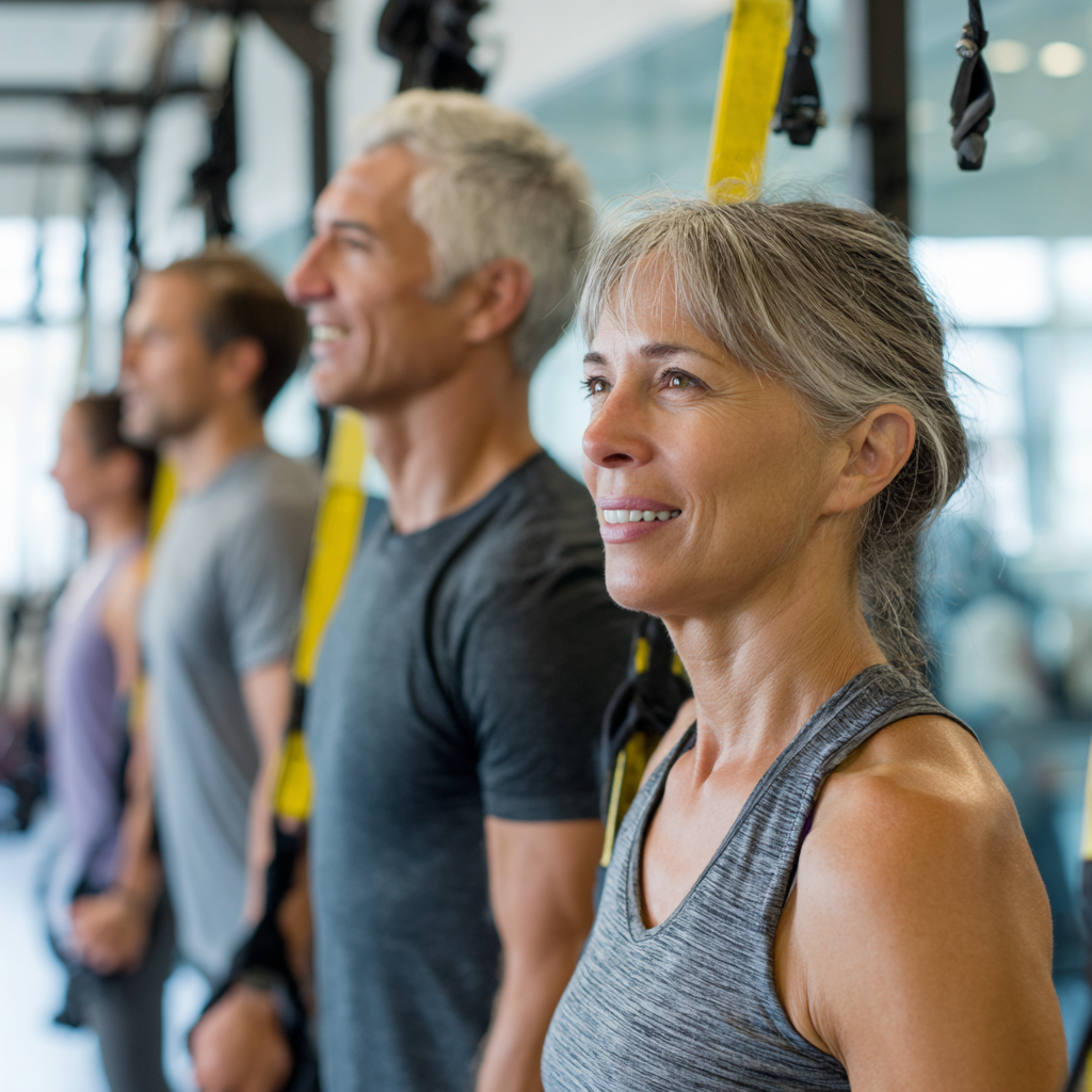 middle-aged adults participating in various functional fitness exercises